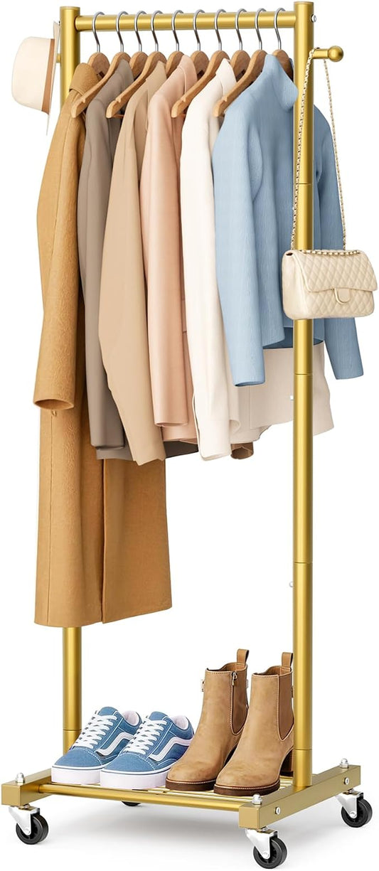 SLEEPING LAMB Small Clothes Racks for Hanging Clothes, Rolling Clothing Rack with Shelves, 60" Metal Garment Rack with Wheels Portable Wardrobe Rack for Small Space, Gold
