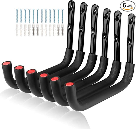 6 Pack Heavy Duty Garage Storage Hooks, 12.7 Inch Wall Mounted Utility Hanger & Organizer to Hanging Ladder, Canoe Paddleboard, Surfboard, Skiboard, Hose, Folding Chairs, Bike and Garden Tools