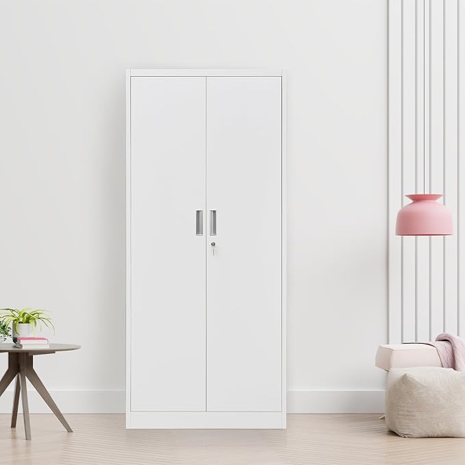 CJF 71" H Metal Storage Cabinet, Locking Cabinet with 2 Doors and 5 Adjustable Shelves, White Tall Cabinet for Garage, Home, Office, Pantry, Workshop, School