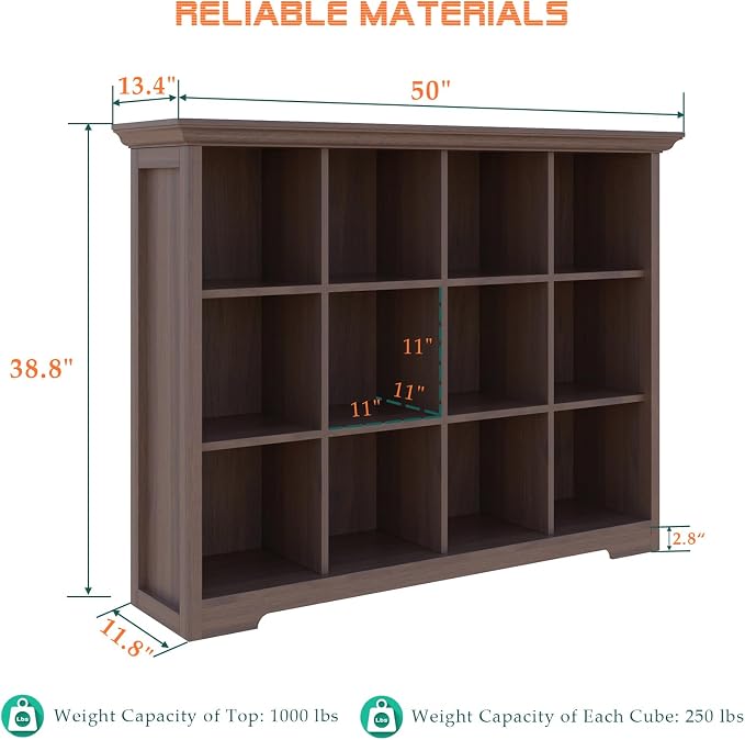 OSCHF 12-Cube Open Bookcase with Base, 3-Tier Wooden Bookshelf, Walnut | Curved Base, Crown Molding, Fits 11×11" Bins, Modern Storage Cabinet for Living Room, Bedroom, Home Office