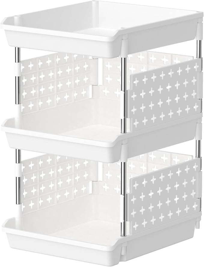 Lifewit 3 Tier Plastic Stackable Storage Baskets for Clothes 1 Pack, White | Stacking Bins for Food, Multifunctional Organizer for RV, Kitchen, Playroom, Pantry and Bathroom
