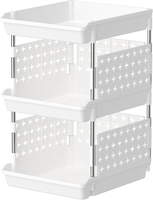 Lifewit 3 Tier Plastic Stackable Storage Baskets for Clothes 1 Pack, White | Stacking Bins for Food, Multifunctional Organizer for RV, Kitchen, Playroom, Pantry and Bathroom