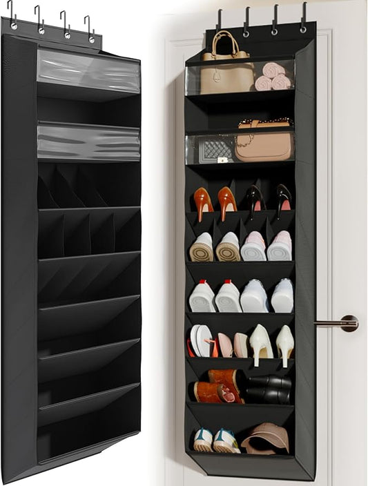 Mefirt 16-20 Pairs Over the Door Shoe Organizer, Clear Pockets Shoe Rack for Closet Door, Hanging Shoe Rack for Boots, Behind the Door Shoe Holder Fit All the Family's Sneakers, Boots, Heels, Black