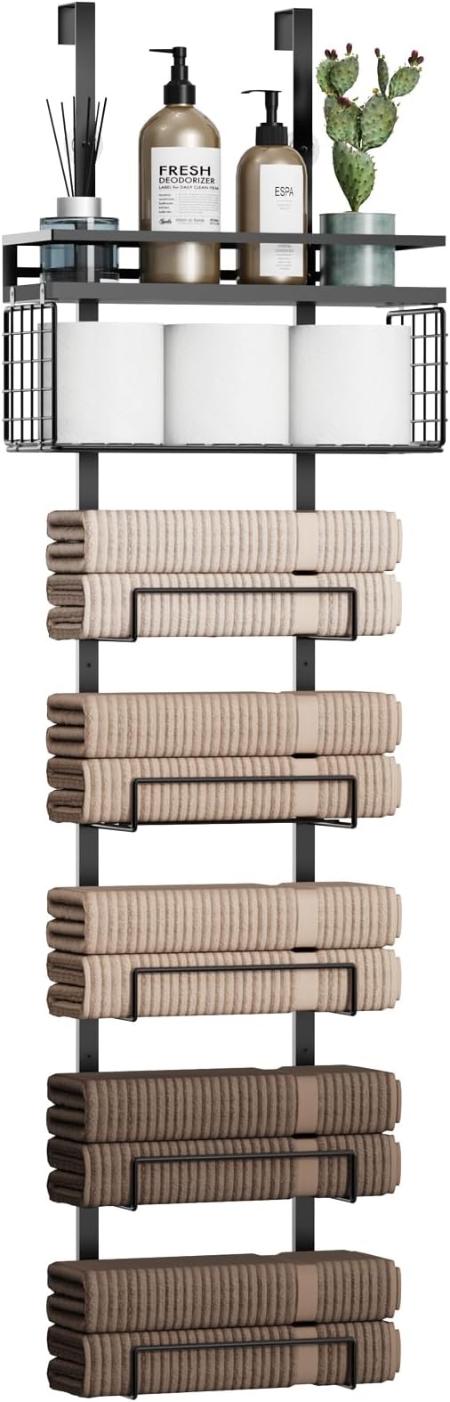 Aetyord Towel Racks for Bathroom Over The Door Towel Racks Towel Storage Organizer with Metal Shelf Basket for Bathroom Rv Camper (7-Tier Black)