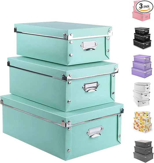 XUCHUN 3 Pack/Set Plastic Storage Box with Lid,Waterproof Collapsible Storage Bins for Shoes/Clothes/Office Teal Color