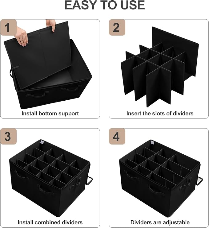Shoe Organizer for Closet, Foldable Shoe Box with Adjustable Dividers and Clear Cover, Space Saving Shoe Storage Organizer Cabinet with Reinforced Handles, Fits 16 Pairs, Black, TP09B