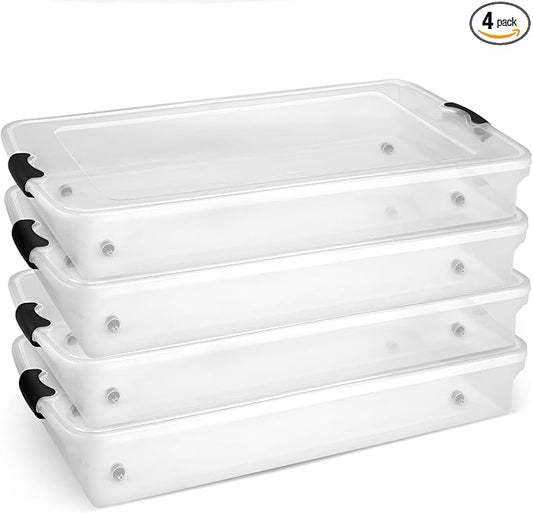 HOMZ 4-Pack Under Bed Storage, Clear Plastic Containers with Lids, 60 Quart, Gray Latch - Stackable Underbed Organizer Bins for Shoes, Bags, Clothes, and Towels