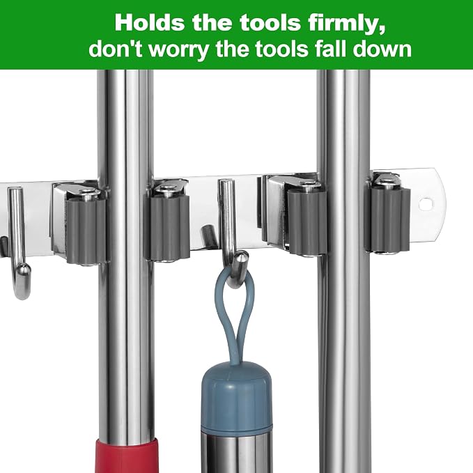 voze [2 Pack] 5 Racks and 4 Hooks Mop and Broom Holder Wall Mount, Self Adhesive Heavy Duty Broom Organizer Storage Tool Racks for Kitchen Garden Laundry Garage, 304 Stainless Steel, Silver