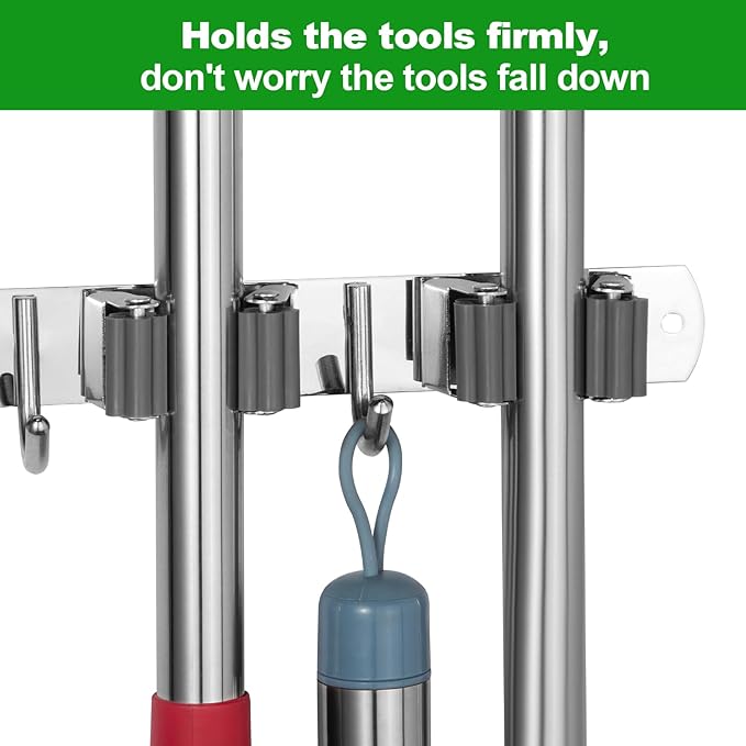 voze 3 Racks and 4 Hooks Mop and Broom Holder Wall Mount, Self Adhesive Heavy Duty Broom Organizer Storage Tool Racks for Kitchen Garden Laundry Garage