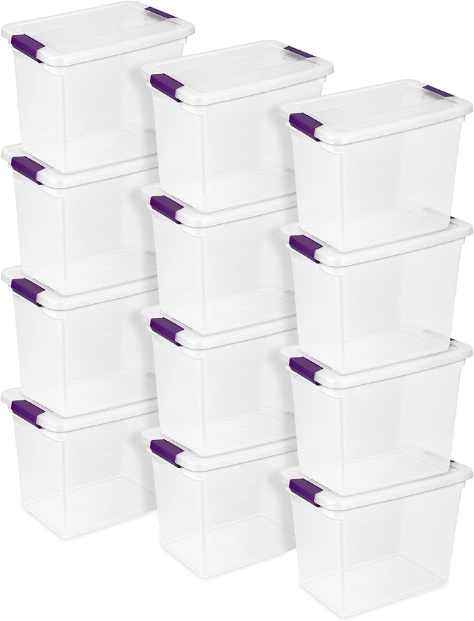 Sterilite ClearView Latch Boxes, Storage Bins with Lids, 27 Quart, 12-Pack | Clear Plastic Organizers with Color Accent Latches for Closet, Bedroom, Shelving Units, Dorm Room and Home Organization