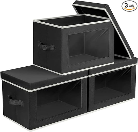 Homsorout Storage Bins with Lids - Small Fabric Organizers with Window, Collapsible Storage Bins for Clothes, Decorative Closet Organizers for Towels, Tshirt, 3 Pack, Black