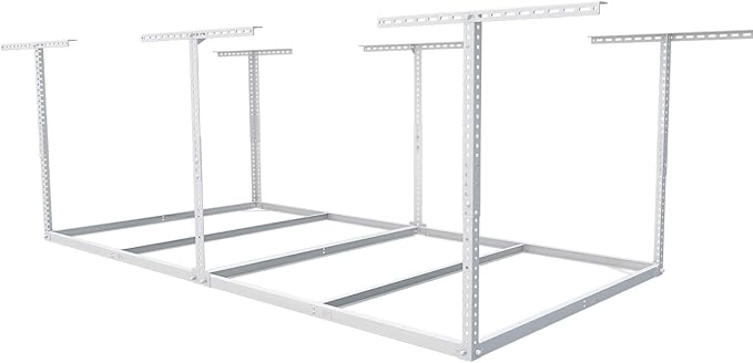 FLEXIMOUNTS 4x8 Overhead Garage Storage Rack, Without Decking, White | 600 lbs capacity, Adjustable height, Heavy-duty steel, Ceiling mounted, Garage organization, Lite Series