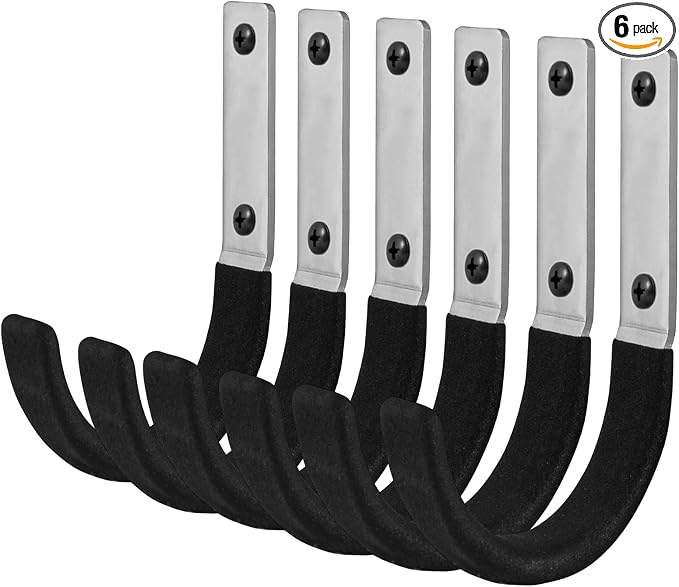 6 Pcs Garage Storage Utility Hook, Upgraded Ladder Hangers, Shed J-Hooks, Heavy Duty Ladder Tool Holders for Garage Wall, Black Wall Hooks for Hanging Tools, Bikes, Hose, Shovels, Rakes