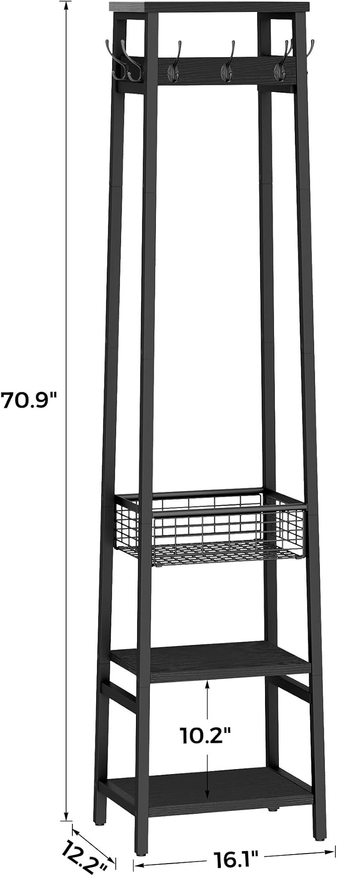Coat Rack with Metal Basket and Storage Shelves | Coat Stand Freestanding, Hall Tree With and 7 Hooks, Clothes Rack Stand Organizer, Black