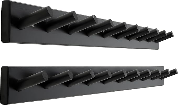 SKOLOO Wood Coat Rack Wall Mounted,10 Peg Long Bamboo Hook for Hanging Backpack Coat Towel Hat,16'' Hole to Hole,Pack of 2,Black