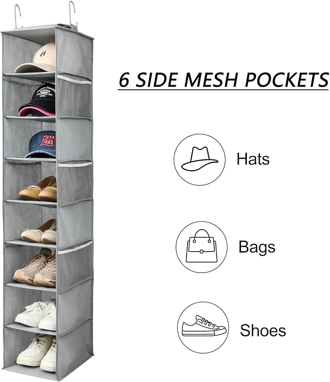 Berdeng Hanging Shoe Organizer for Closet with Side Mesh Pockets，Hat Racks for Baseball Caps，Shoe and Hat Holder & Storage，8-Shelf，Gray，1 Pack