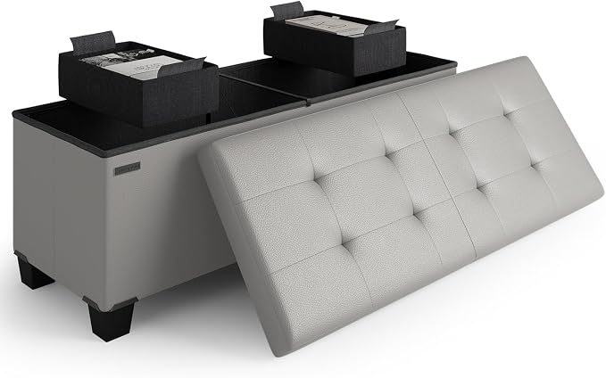 Storage Ottoman Bench with Bins, 43-in Storage Bench for Bedroom End of Bed, Folding Foot Rest Ottoman for Living Room Max 660lbs, Leather Ottomans, Light Grey