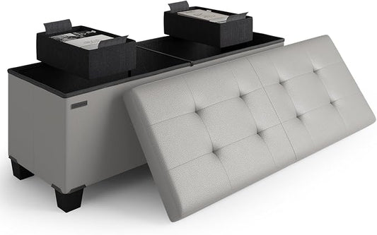 Storage Ottoman Bench with Bins, 43-in Storage Bench for Bedroom End of Bed, Folding Foot Rest Ottoman for Living Room Max 660lbs, Leather Ottomans, Light Grey
