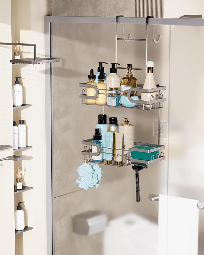 HapiRm Shower Caddy over Door- Hanging Shower Organizer with 14 Hooks and Soap Holder, Rustproof & Waterproof Stainless Steel Bathroom Shelf - Brushed Nickel