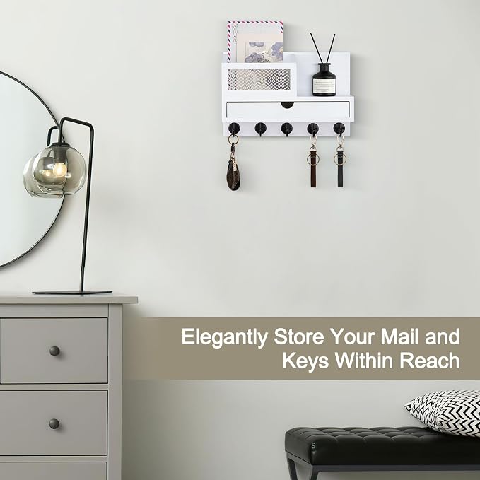 Key Holder Wall Mount, Key Holder for Wall with 5 Key Hooks and Storage Drawer Mail Organizer for Entryway Living Room Farmhouse Home Decor