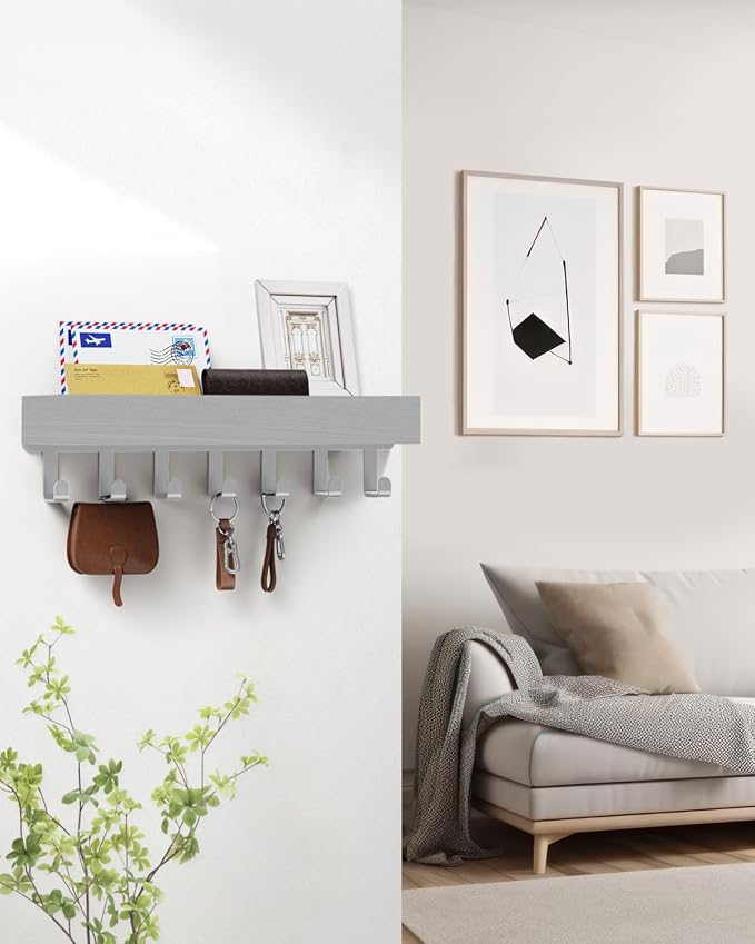 Key Holder Wall Mount Magnetic Adhesive - Key Hooks Rack with shelf | Key Hanger with Mail Organizer for RV Camper Fridge Living Room Decor, Home Essentials, Large Grey