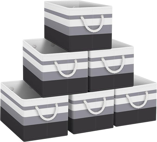 Fab totes Storage Bins 6-Pack, Foldable Storage Baskets for Organizing Toys, Books, Shelves, Closet, Large Storage Box with Rope Handles, Sturdy Organizer Bins,Gradient Grey