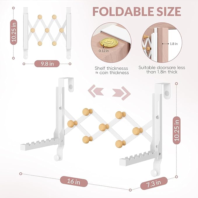 Over The Door Hooks with 7 Wood Hooks, Foldable Collapsible Clothes Drying Rack & Towel Hanger, Space-Saving Door Organizer for Laundry, Coat, Bedroom, Dorm and Bathroom