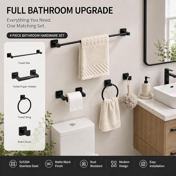 Matte Black Bathroom Hardware Set 4 Pieces,Towel Bar Set Stainless Steel Wall Mounted, Includes 16In Hand Towel Bar, Towel Ring, Robe Towel Hooks,Toilet Paper Holder, Bathroom Towel Rack Set