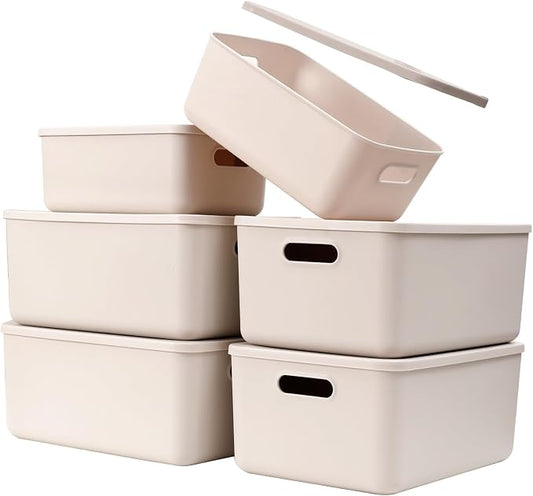 Yishyfier Plastic Storage Baskets With Lid Organizing Container Lidded Knit Storage Organizer Bins for Shelves Drawers Desktop Closet Playroom Classroom Office (4M+2S, Light grey)