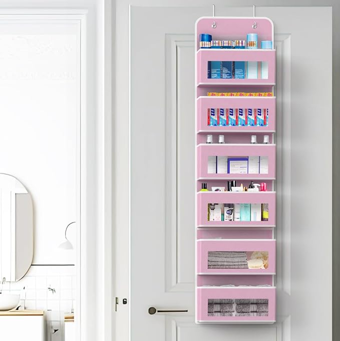Simple Houseware 6 Clear Window Pocket Over Door Hanging Organizer, Pink | Over the Door Storage for Closet, Bedroom, Bathroom, Pantry