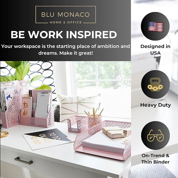 BLU MONACO Pink Desk Organizer Set | 6-Piece Metal Desktop Accessories | Mail Sorter Organizer Countertop | Letter Sorter for Desk | Mesh Pen Holder | Home Office or Dorm
