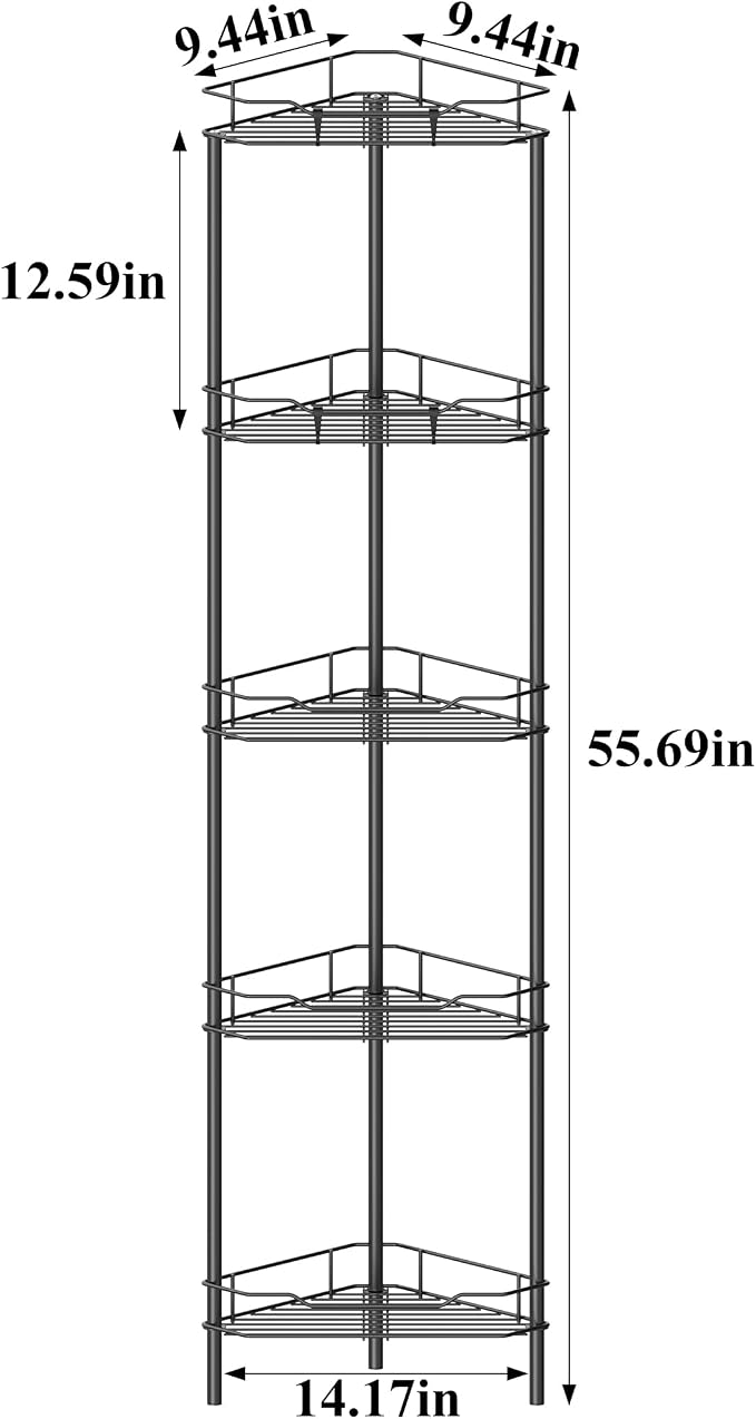 HuggieGems 5 Tier Floor Standing Corner Shower Caddy Organizer Shelf with Hooks, Bathroom Shelves Stand Rack, Black