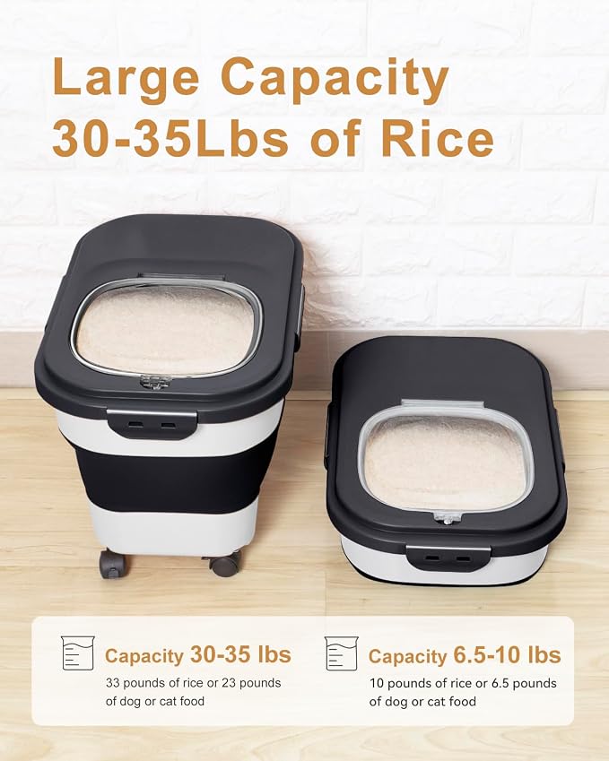 20-30 Lbs Rice Storage Container,Collapsible Food Storage Container | Flour Storage Container with Wheels Airtight Locking Lid,Rice Container Double Seal,Keep Fresh for Pet Food,Rice,Flour