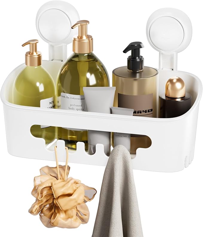 LEVERLOC Shower Caddy Suction Cup, Shower Organizer Removable Bathroom Shelf, Storage Suction Powerful Max Hold 22lbs Bathroom Caddy Waterproof Holder, White