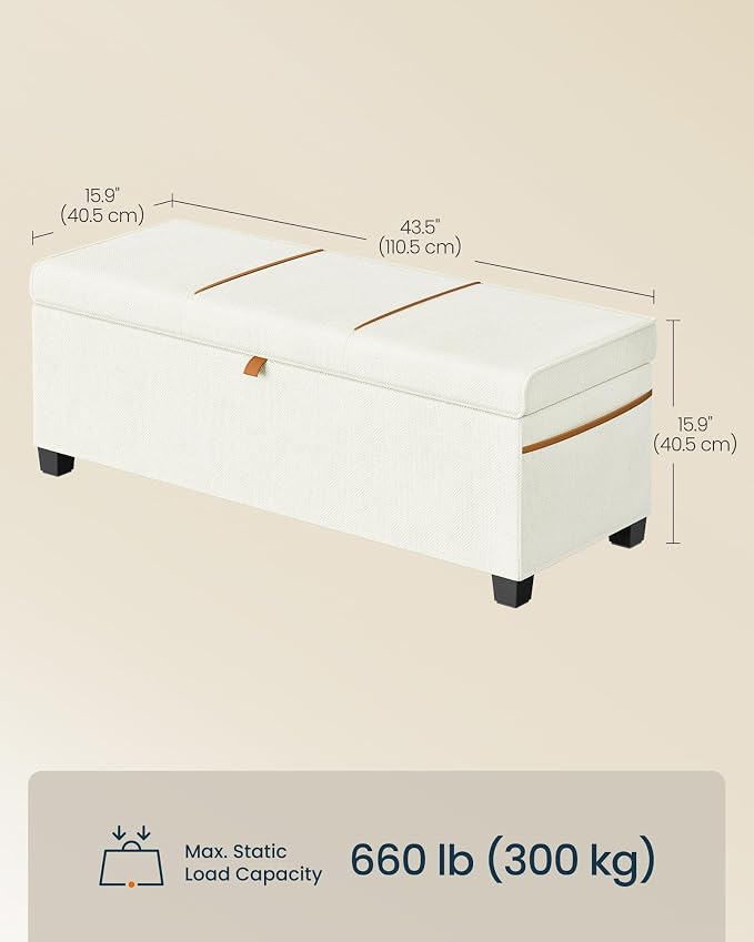 SONGMICS Home Storage Ottoman, 27 Gallons End of Bed Bench, 15.9 x 43.5 x 15.9 Inches, for Bedroom, Entryway, Living Room, White