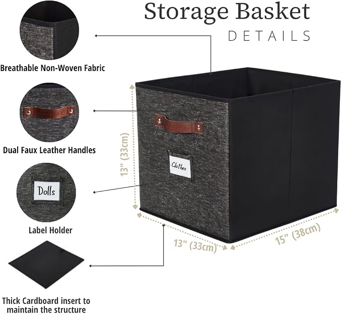 DECOMOMO Storage Bins, Storage Baskets for Shelves | 13" x 15" x 13" Storage Cube Bins with Labels for Organizing Shelves (Kallax, 4pcs, Black Pattern)