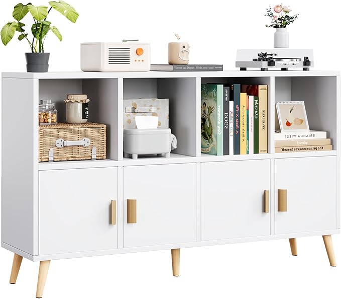 8-Cube Storage Organizer with Doors & 5 Solid Wood Legs, Mid-Century Modern Bookshelf with Seamless Top, Horizontal Cubby Toy Storage for Kids, Sideboard Media Console fits 11" Bins, White