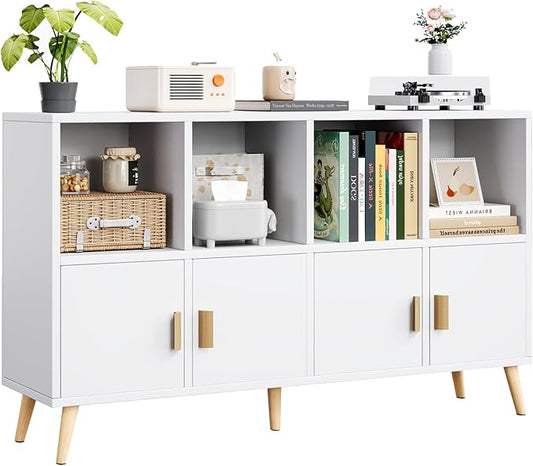 8-Cube Storage Organizer with Doors & 5 Solid Wood Legs, Mid-Century Modern Bookshelf with Seamless Top, Horizontal Cubby Toy Storage for Kids, Sideboard Media Console fits 11" Bins, White