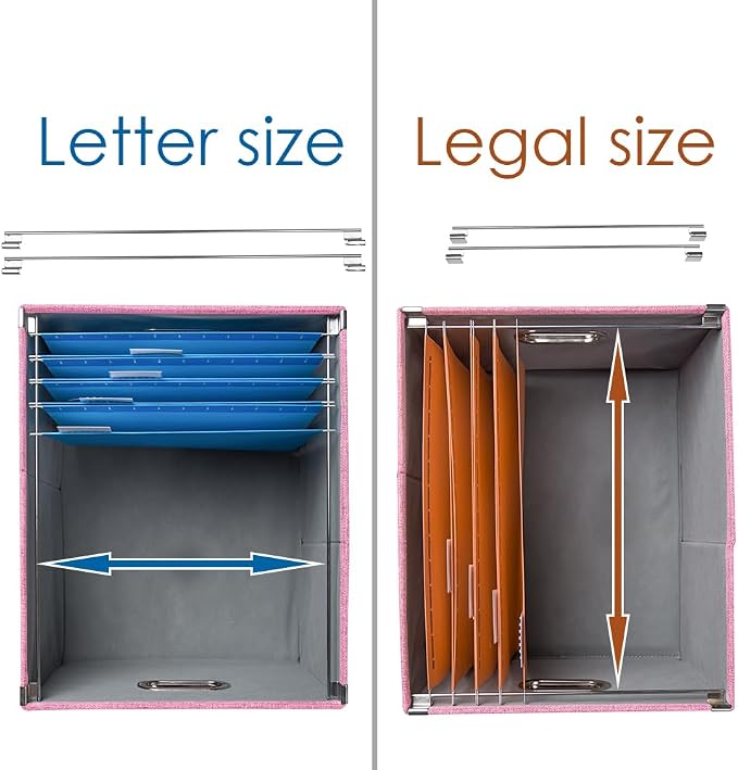 File Organizer Box - Set of 4 Collapsible Decorative Linen Filing Storage Hanging File Folders with Lids Office Cabinet Letter/Legal Size Pink 17.1x14x11.1 inch