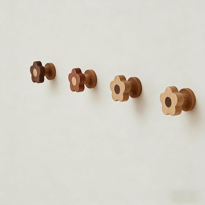 Kids Coat Hooks Wall Mount – Cute Flower Wooden Wall Hooks for Hanging Clothes, Purses, Robes, Towels, Backpacks – Modern Decorative Walnut Hangers for Girls’ Nursery, Bathroom, Entryway & Bedroom