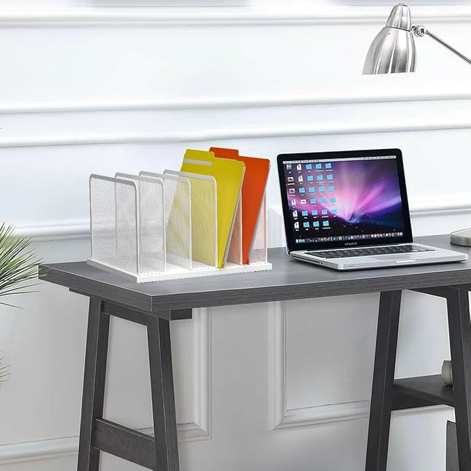 Kuntine.B 5-Section Upright Desk File Organizer White 1 Pack | Vertical, Mesh, Metal, Assembly, Stability, Sturdiness, Organization, Standing