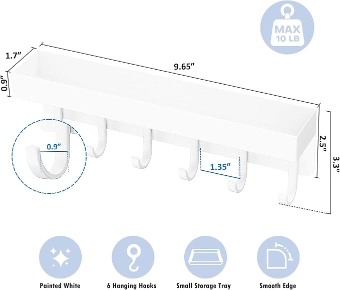 Magnetic Key Holder, Wall Mount Key Rack with Shelf, 9.65 in, White | Metal Material, Small Size, 6 Metal Hooks, 2 Installation Ways, for Fridge, Entryway, Kitchen, Bathroom, Garage, RV, Office