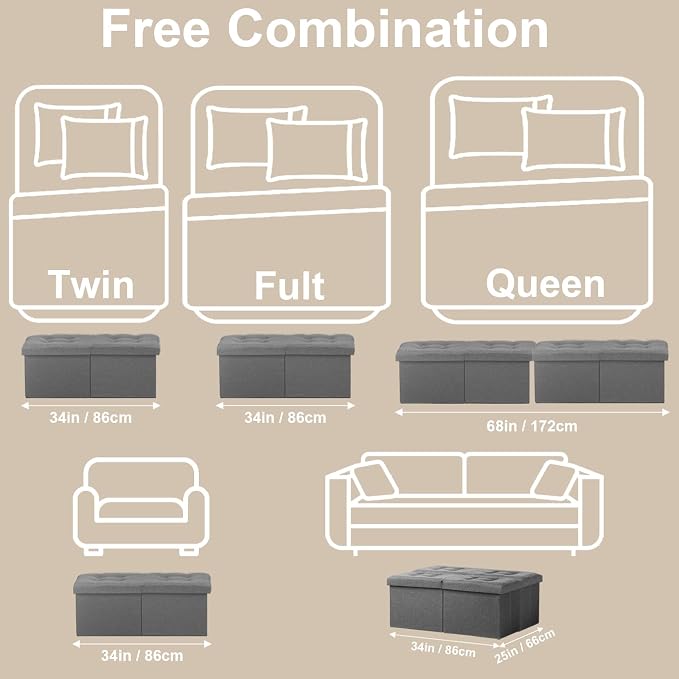 Bsketa Storage Ottoman Bench, 34" Folding Linen Foot Rest Stool, Dark Gray | Large Ottoman with Storage, Thicker Foam Padded Seat, Livingroom, Dorm, Bedroom, Easy to install, 86L,34 x 13 x 13in