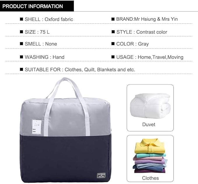 75L large Zipper Under-bed Comforter Storage Bag,2park moving bag | (2) Folding Blanket Storage Bag with Reinforced Handle, Bedding, Quilt, Clothes, Pillows, travel storage organizer, Grey