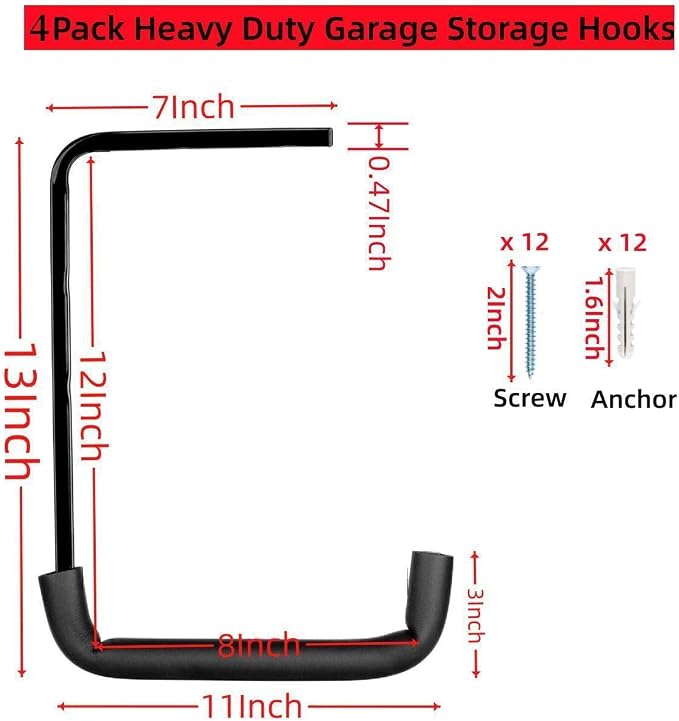 Heavy Duty Garage Storage Hooks, Overhead Garage Storage Rack, 4 Pack Wall Mounted Ladder Hook, Utility Ceiling Hangers & Organizer for Wood,Tools, Bicycle (10 x 14 Inch)