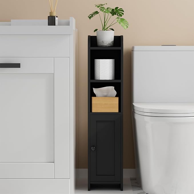 Homhedy Small Bathroom Storage Cabinet, Narrow Toilet Paper Cabinet | Corner Floor Cabinet with Door and Shelves, Slim Bathroom Cabinet for Small Spaces, 7.9" D x 7.1" W x 31" H, Black