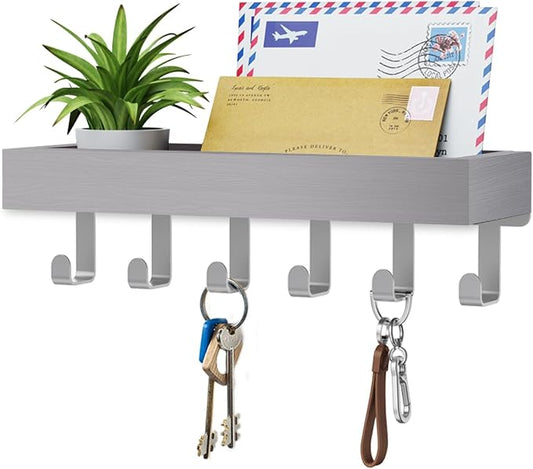 Key Holder Wall Mount Magnetic Adhesive - Key Hooks Rack with shelf | Key Hanger with Mail Organizer for RV Camper Fridge Living Room Decor, Home Essentials, Grey