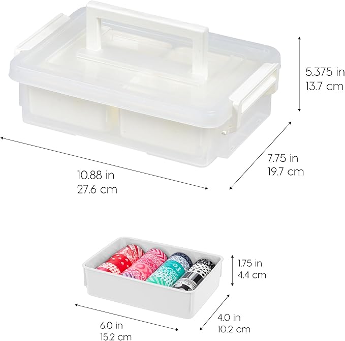 IRIS USA Storage Bins with Lids |Made in USA| 1 Qt - (2-Pack) - White | Built-In Handle Tote / 2 Removable Organization Trays / Plastic Containers for Crafts & Art Supplies / Interlocking Latches