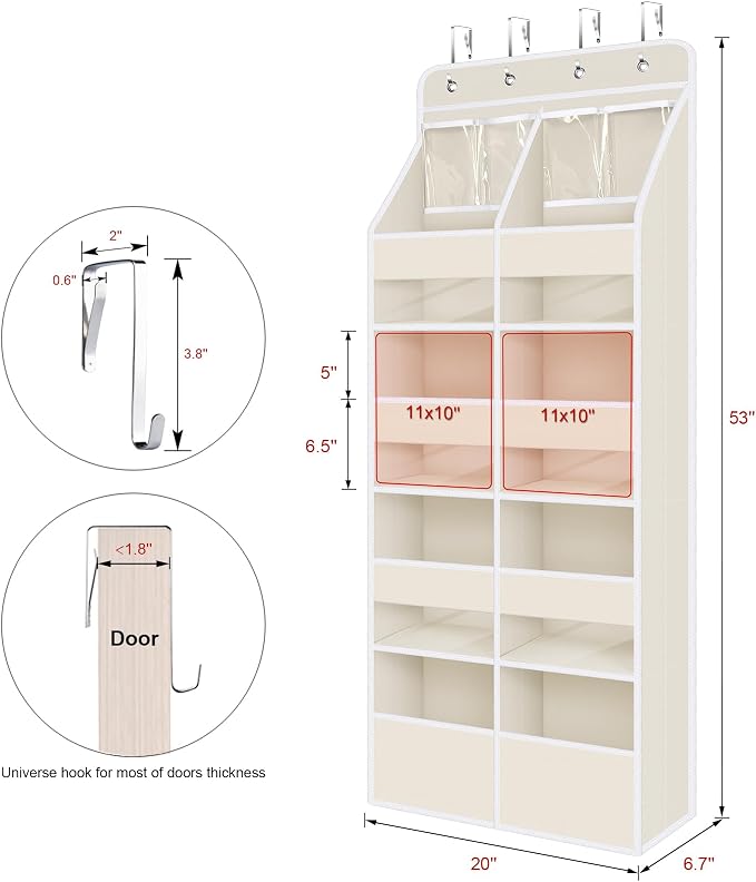 Univivi Upgraded Over the Door Organizer for Baby Nursery, Beige, 5-Shelf | Fabric Door Organizer with Clear Window Deep Pockets, Over Door Hanging Organizer for Baby Essential, Bedroom, and Dorm