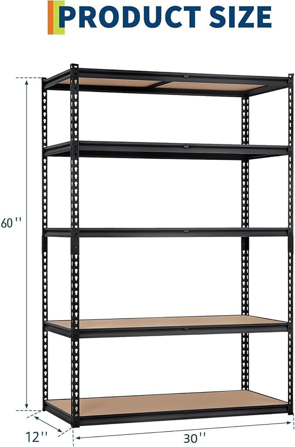 Storage Shelving Unit, 5-Tier Adjustable Metal Storage Shelves, 30" L x 12" W x 60" H Heavy Duty Garage Storage Shelves for Kitchen Pantry Basement Bathroom Laundry